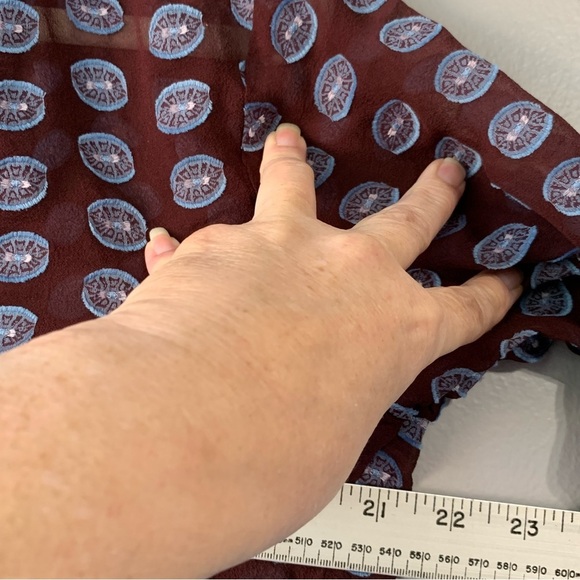 Loft sheer silk split‎ neck burgundy blue dot long sleeve blouse. Size M - Picture 8 of 11